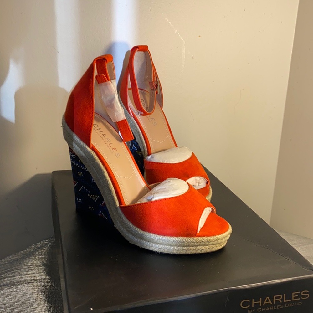 Orange multi color heel wedge sandals